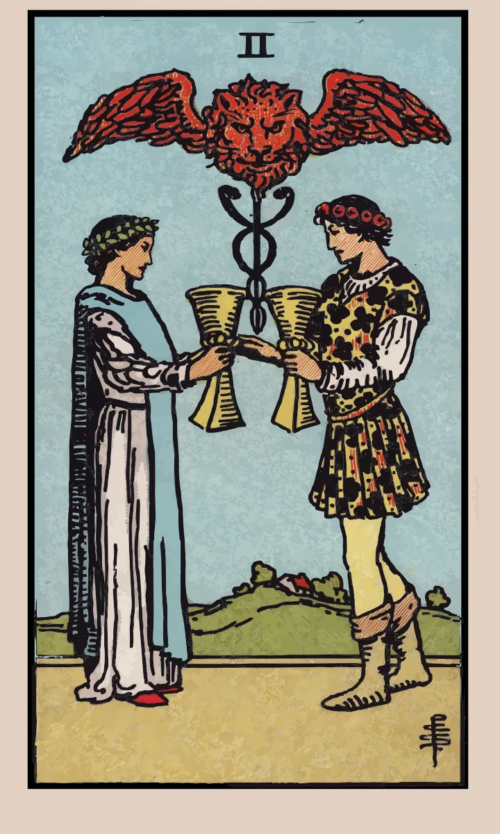 Tarotkaart Twee van Bekers uit de Rider Waite Smith tarot