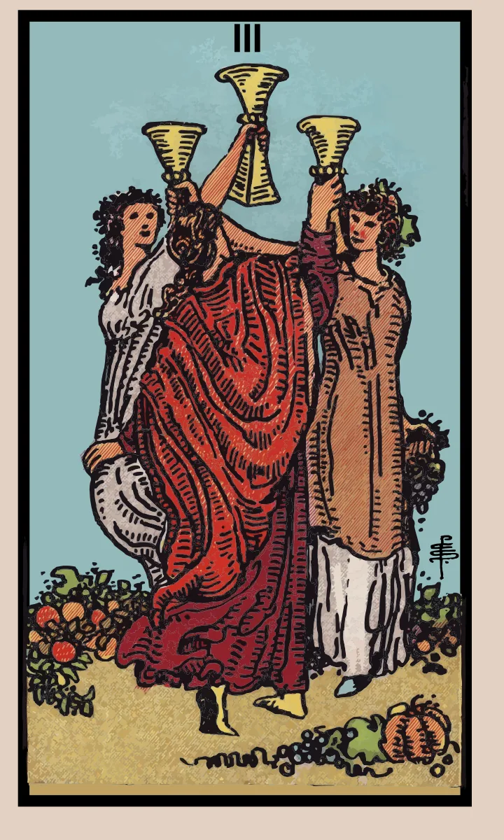 Tarotkaart Drie van Bekers uit de Rider Waite Smith tarot