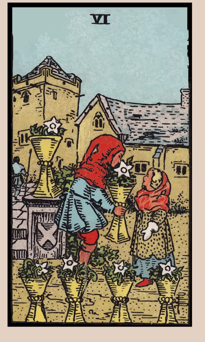 Tarotkaart Zes van Bekers uit de Rider Waite Smith tarot