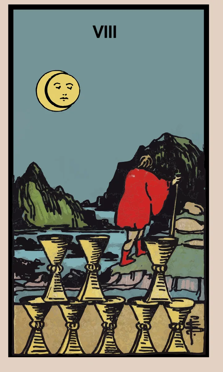 Tarotkaart Acht van Bekers uit de Rider Waite Smith tarot