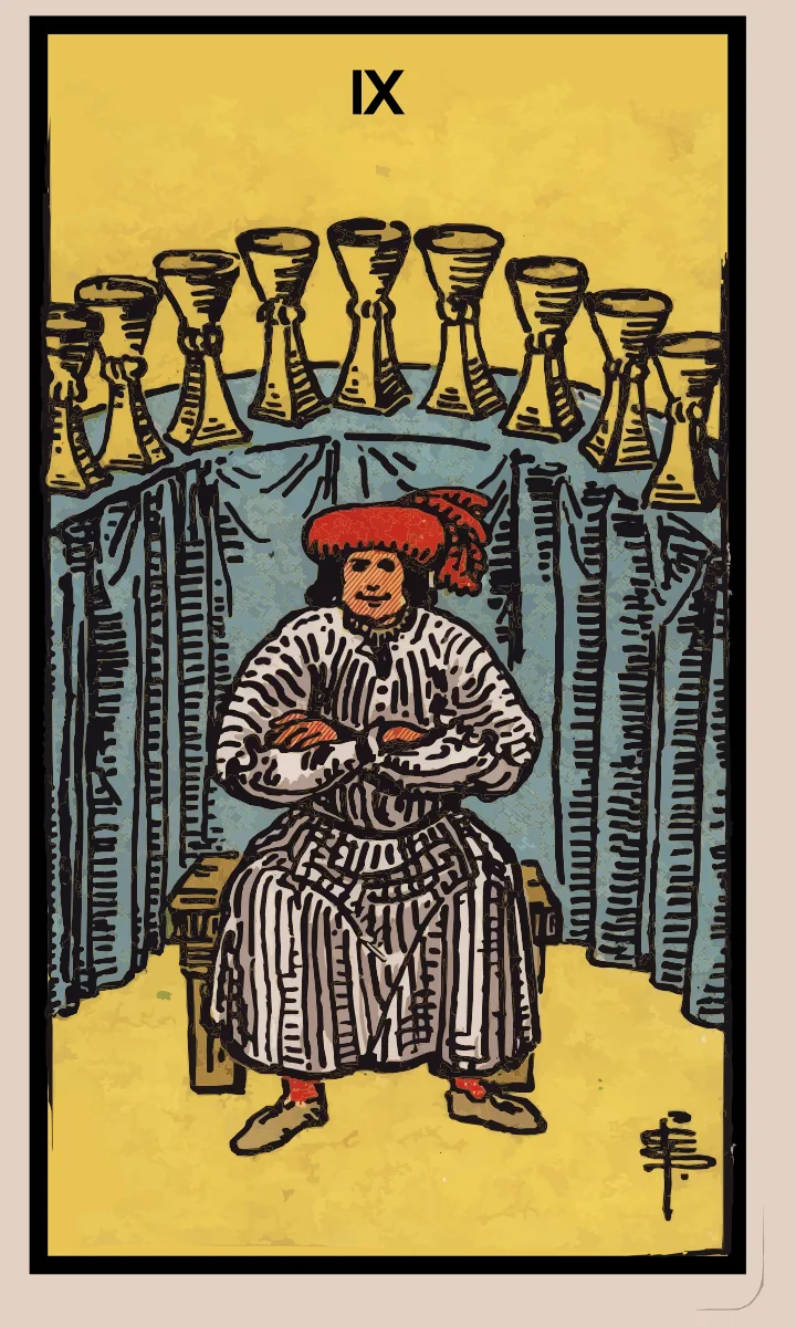 Tarotkaart Negen van Bekers uit de Rider Waite Smith tarot