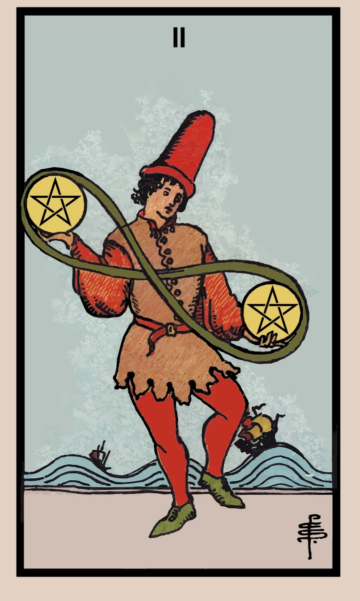 Tarotkaart Twee van Pentakels uit de Rider Waite Smith tarot