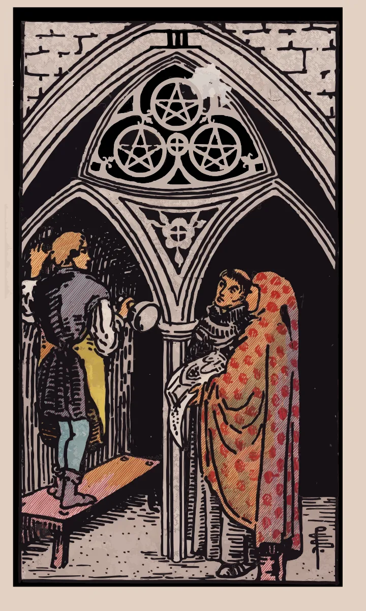 Tarotkaart Drie van Pentakels uit de Rider Waite Smith tarot