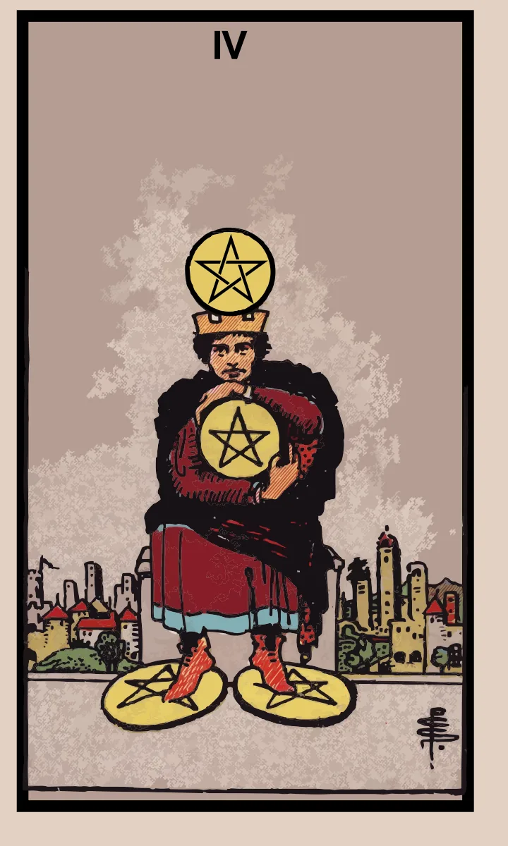 Tarotkaart Vier van Pentakels uit de Rider Waite Smith tarot