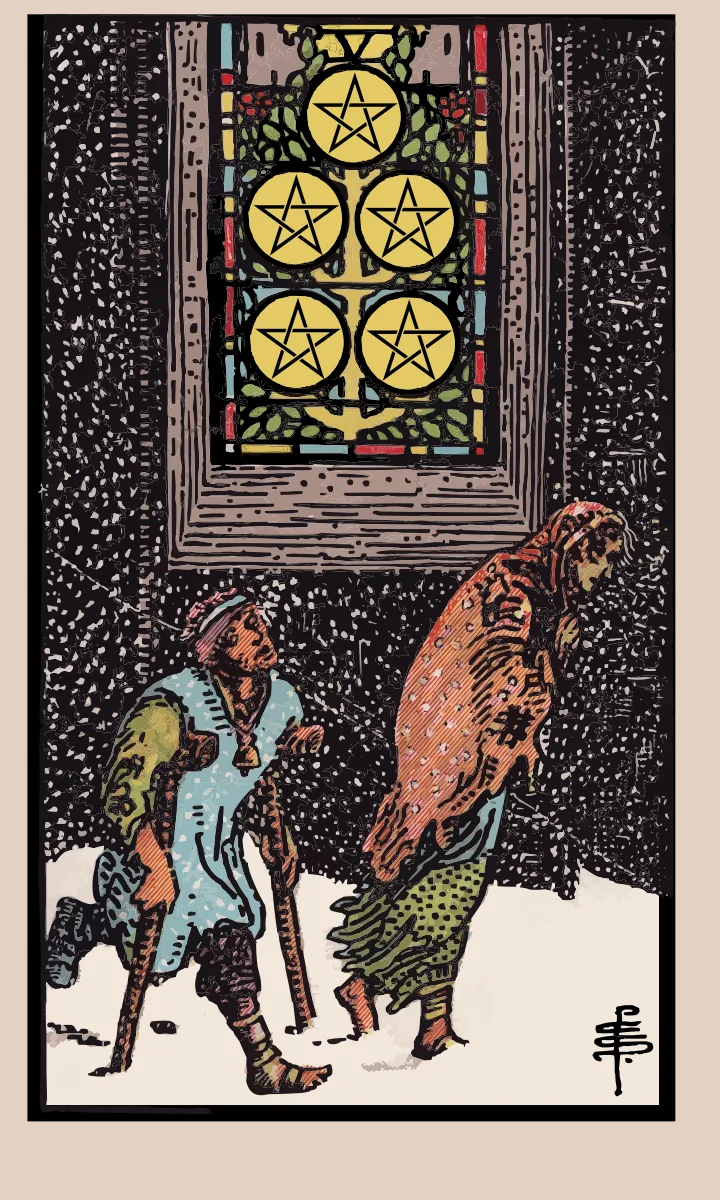 Tarotkaart Vijf van Pentakels uit de Rider Waite Smith tarot