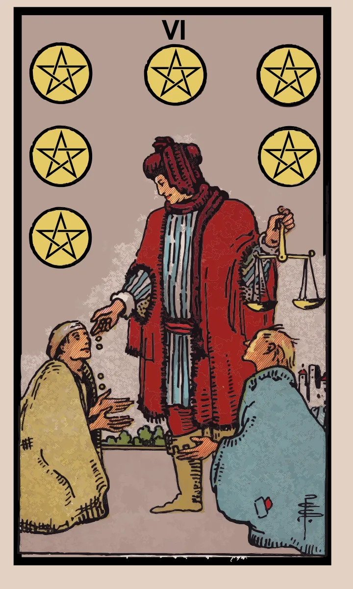 Tarotkaart Zes van Pentakels uit de Rider Waite Smith tarot