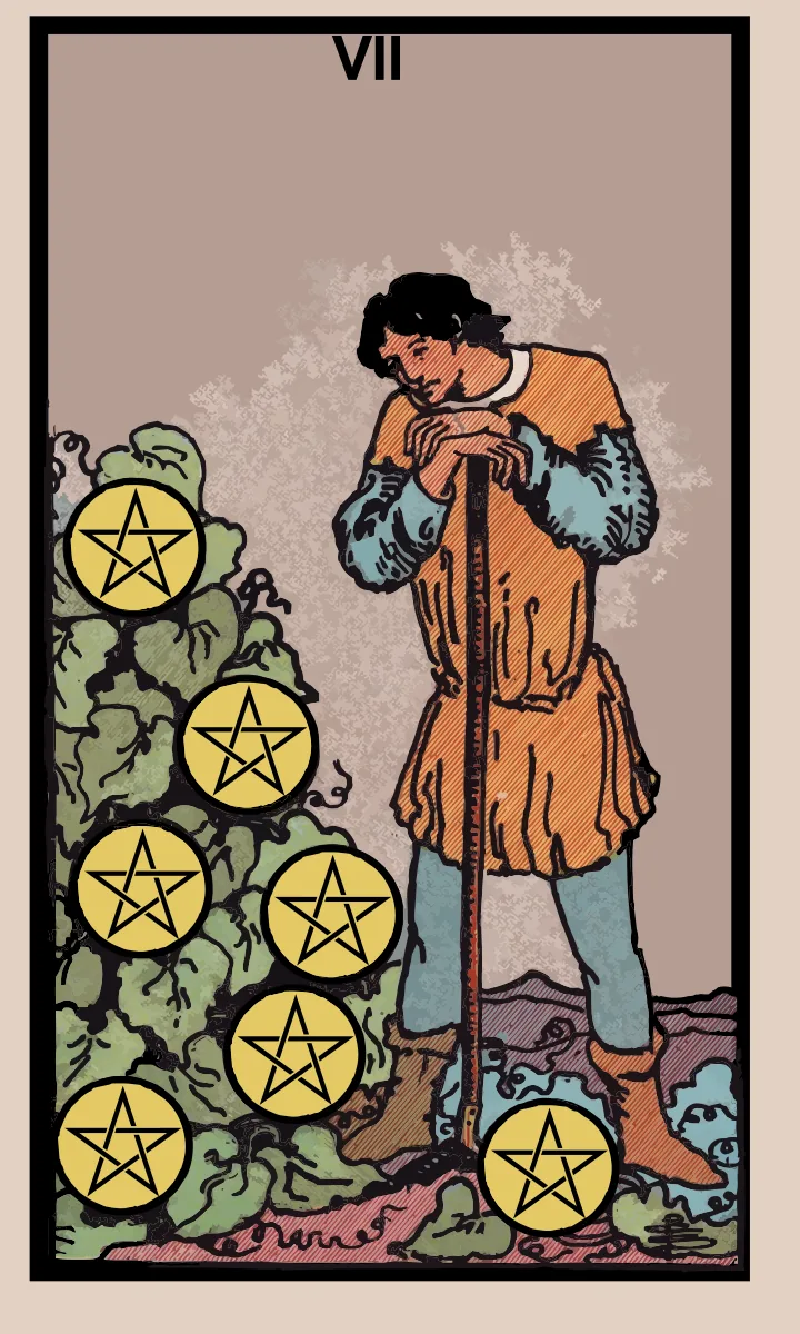 Tarotkaart Zeven van Pentakels uit de Rider Waite Smith tarot