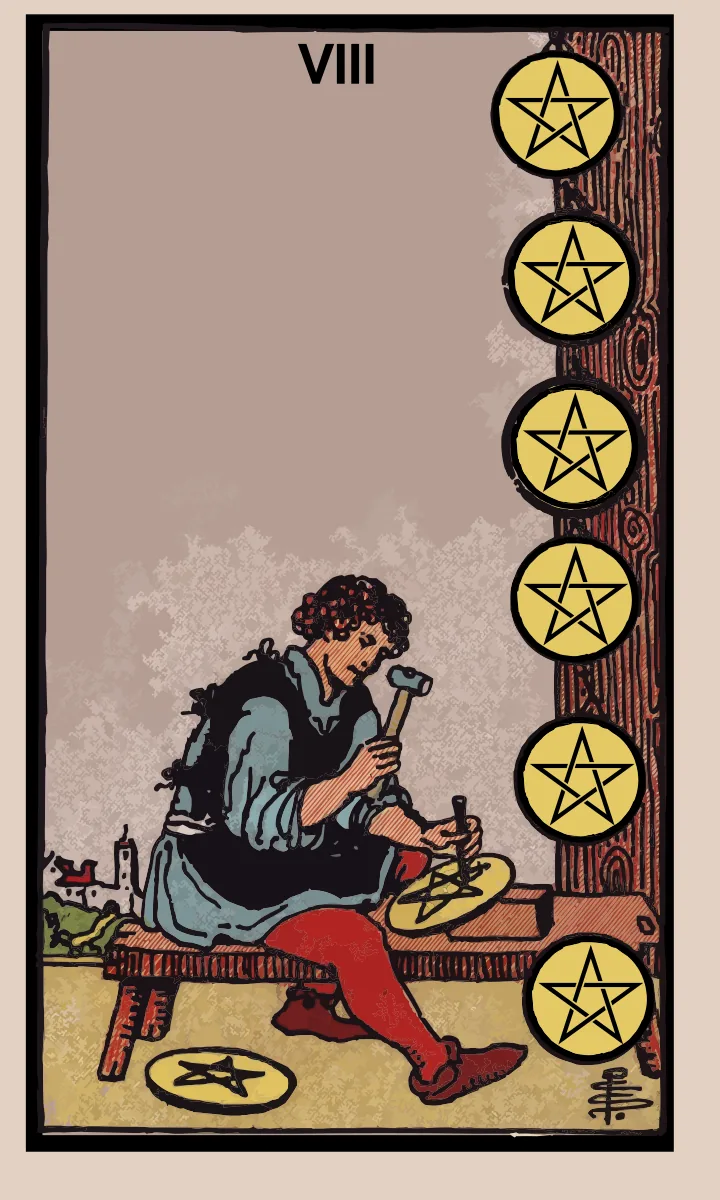 Tarotkaart Acht van Pentakels uit de Rider Waite Smith tarot