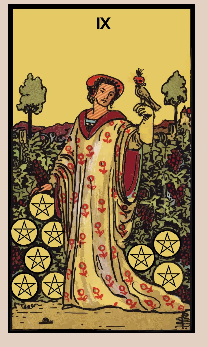 Tarotkaart Negen van Pentakels uit de Rider Waite Smith tarot