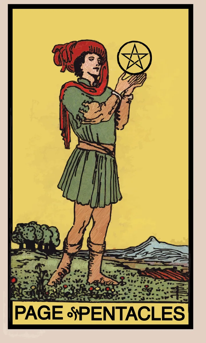 Tarotkaart Page van Pentakels uit de Rider Waite Smith tarot