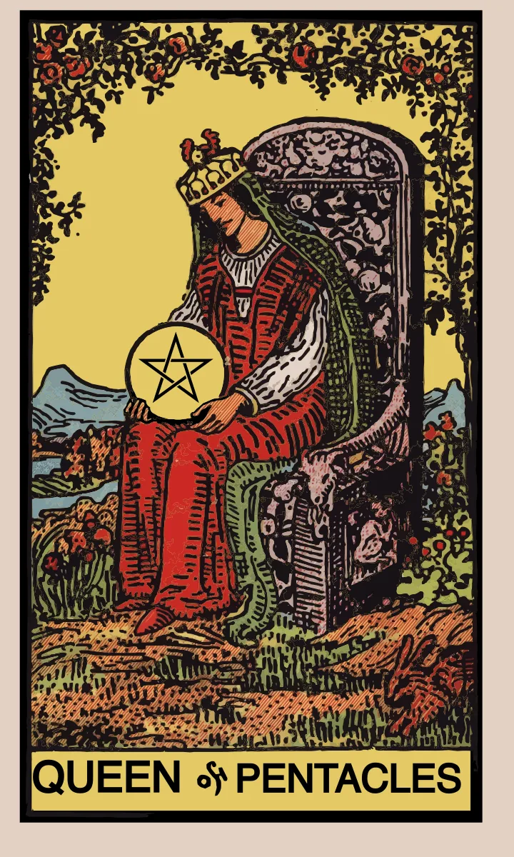 Tarotkaart Koningin van Pentakels uit de Rider Waite Smith tarot