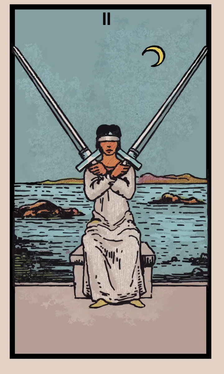 Tarotkaart Twee van Zwaarden uit de Rider Waite Smith tarot