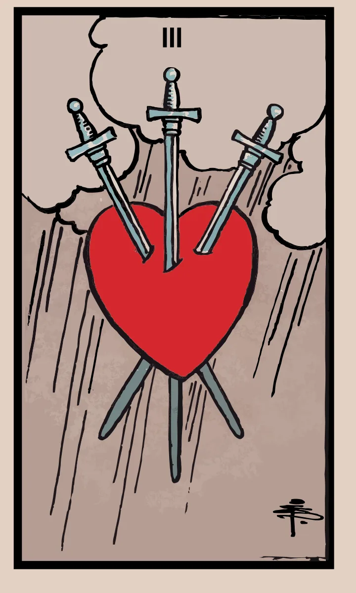 Tarotkaart Drie van Zwaarden uit de Rider Waite Smith tarot