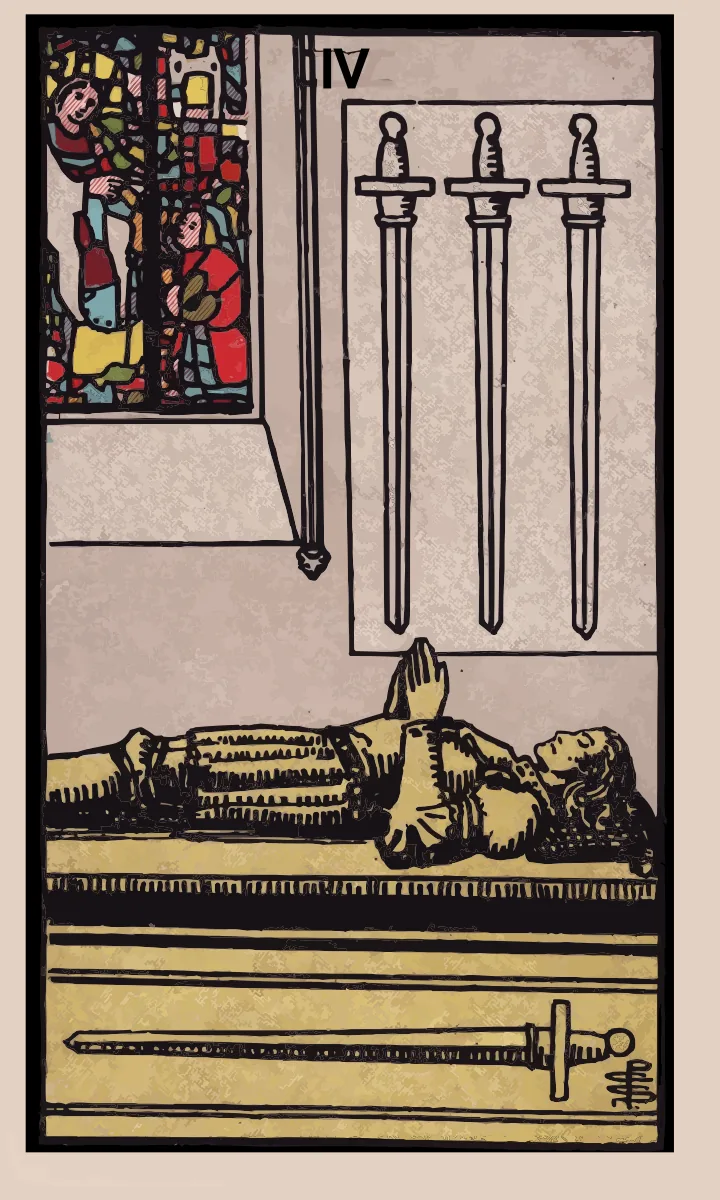 Tarotkaart Vier van Zwaarden uit de Rider Waite Smith tarot