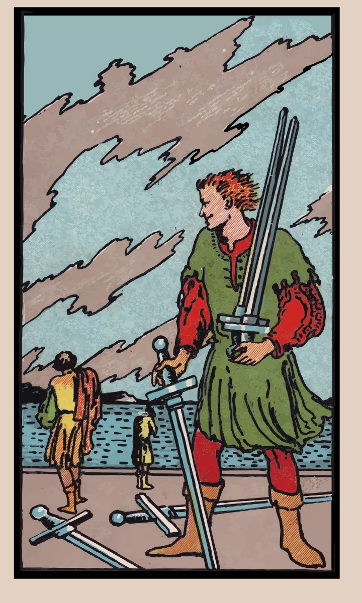 Tarotkaart Vijf van Zwaarden uit de Rider Waite Smith tarot