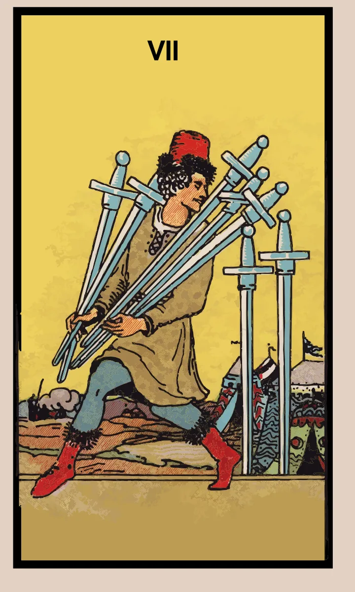 Tarotkaart Zeven van Zwaarden uit de Rider Waite Smith tarot