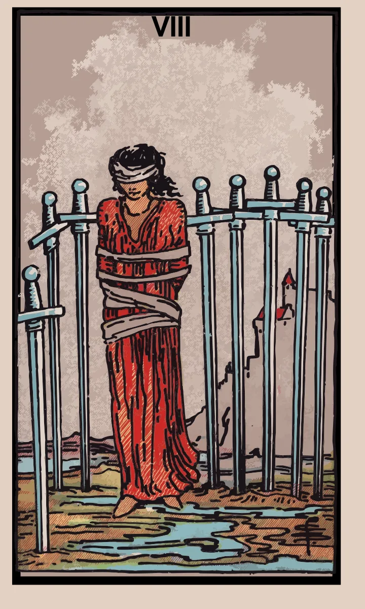 Tarotkaart Acht van Zwaarden uit de Rider Waite Smith tarot