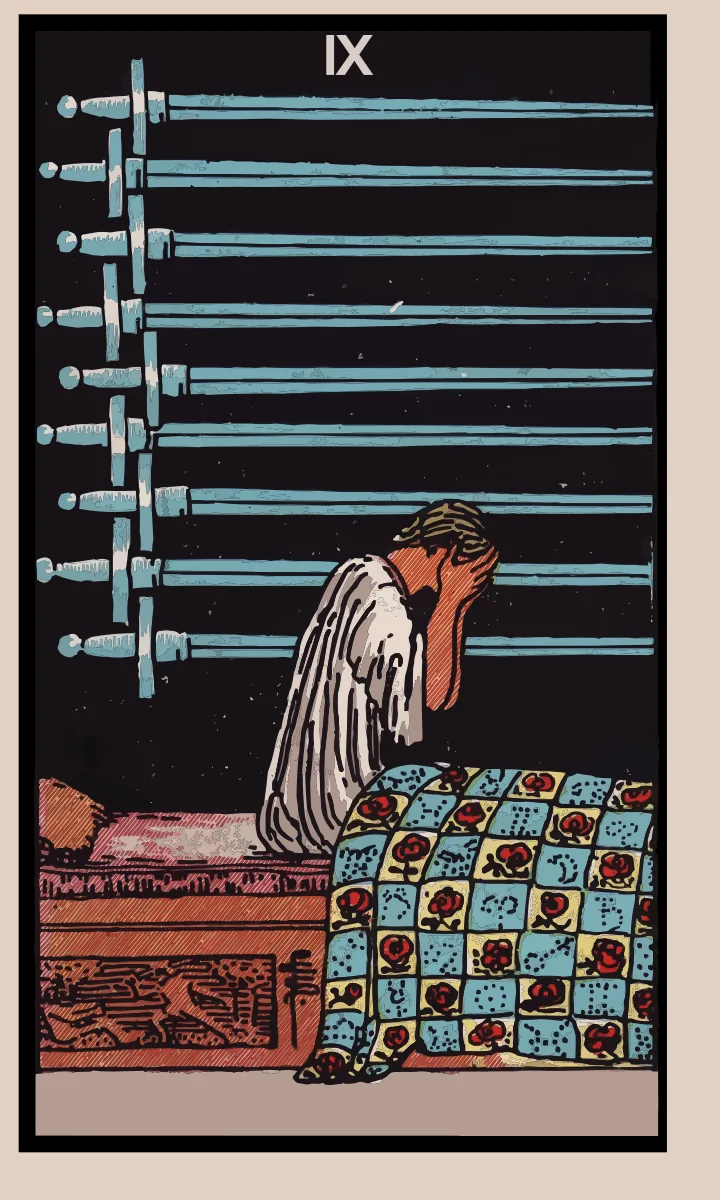 Tarotkaart Negen van Zwaarden uit de Rider Waite Smith tarot