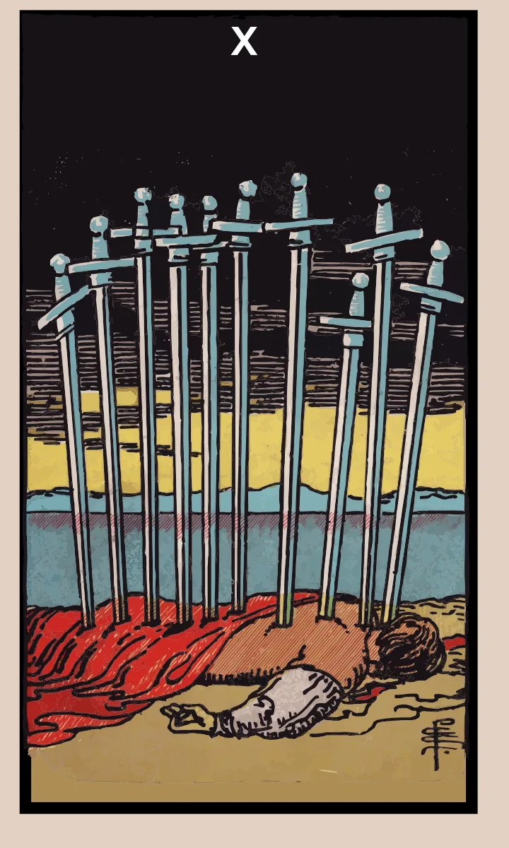Tarotkaart Tien van Zwaarden uit de Rider Waite Smith tarot