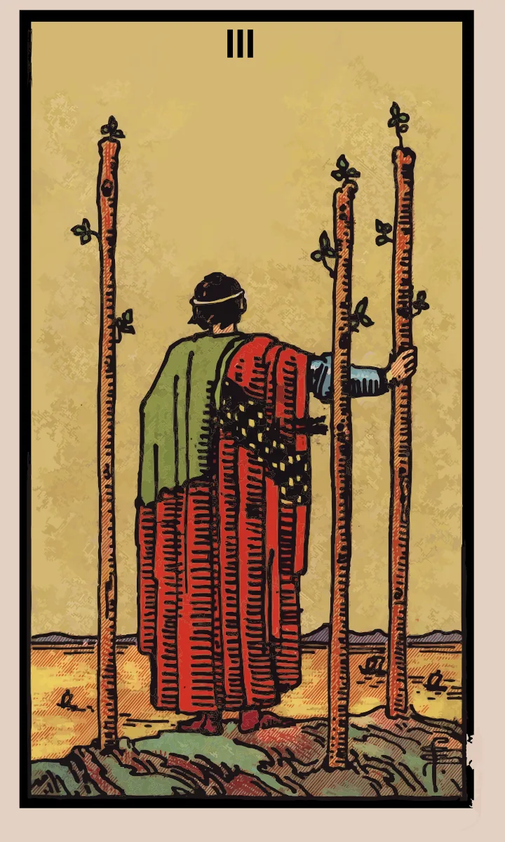 Tarotkaart Drie van Staven uit de Rider Waite Smith tarot