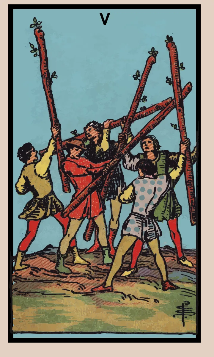 Tarotkaart Vijf van Staven uit de Rider Waite Smith tarot