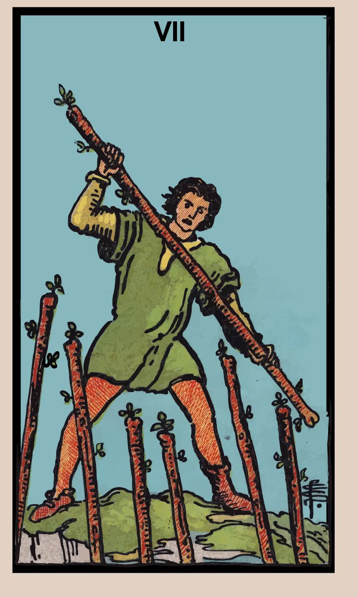 Tarotkaart Zeven van Staven uit de Rider Waite Smith tarot