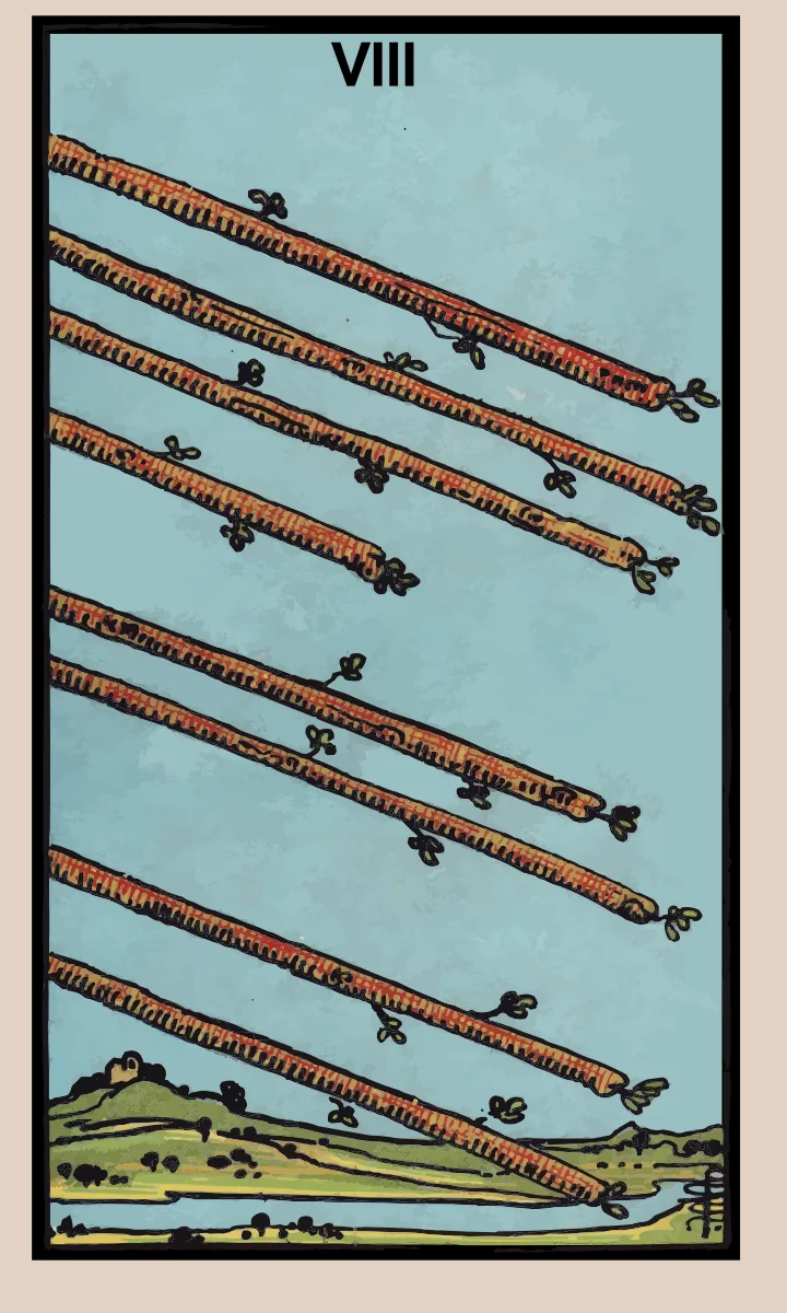 Tarotkaart Acht van Staven uit de Rider Waite Smith tarot