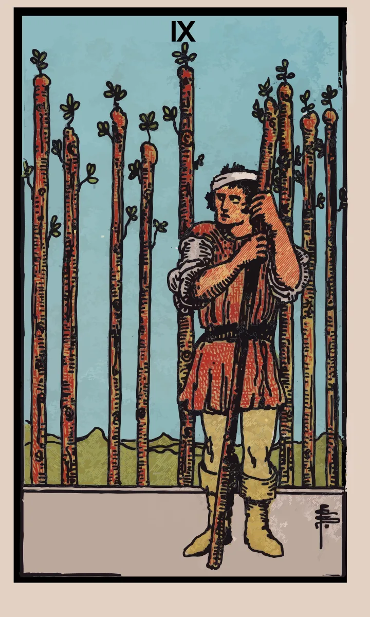 Tarotkaart Negen van Staven uit de Rider Waite Smith tarot