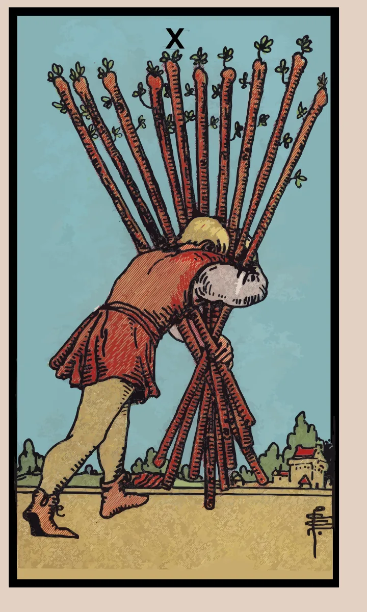 Tarotkaart Tien van Staven uit de Rider Waite Smith tarot